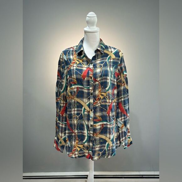 J. McLaughlin Silk Blend Button Down Shirt Size L EUC - Picture 1 of 5